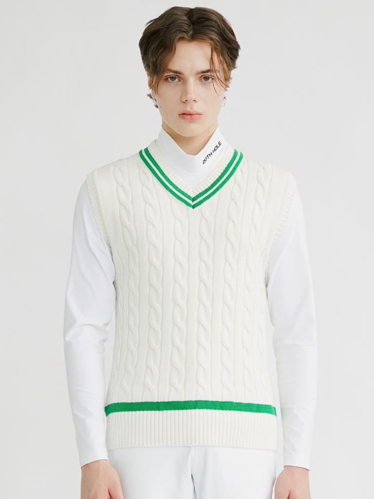 20Th Hole Cable Contrast V-Neck Knit Vest [Ivory Green]