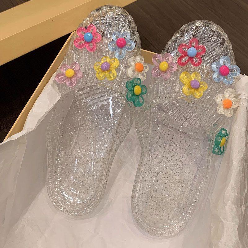 Jelly shoes women's fashion outer wear sandals light luxury bag head flat bottom cool slippers transparent shoes flower accessories beach shoes