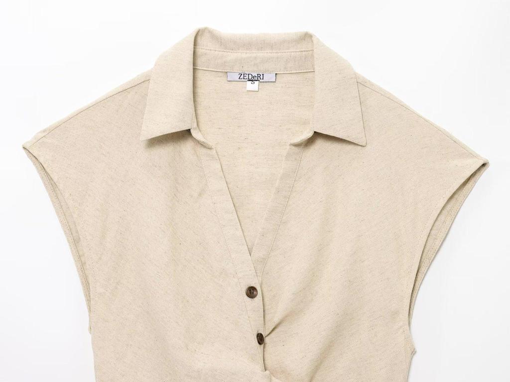 2025 Summer Women's Linen Set: Short Top with Buckle Detail & Midi Skirt