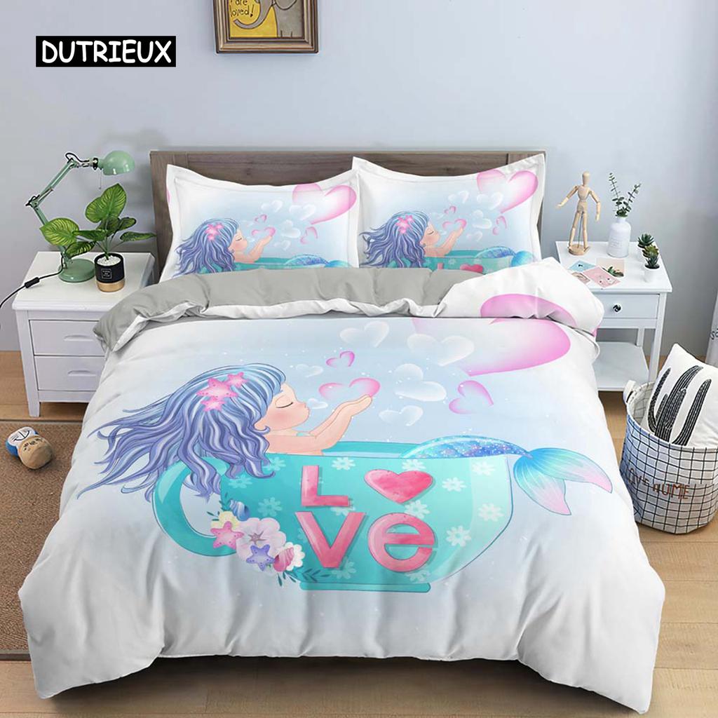 Mermaid Bedding Set Duvet Cover for Girls Cartoon Mermaid Comforter Cover for Kids Teens Birthday Gifts for Bedroom Decorations