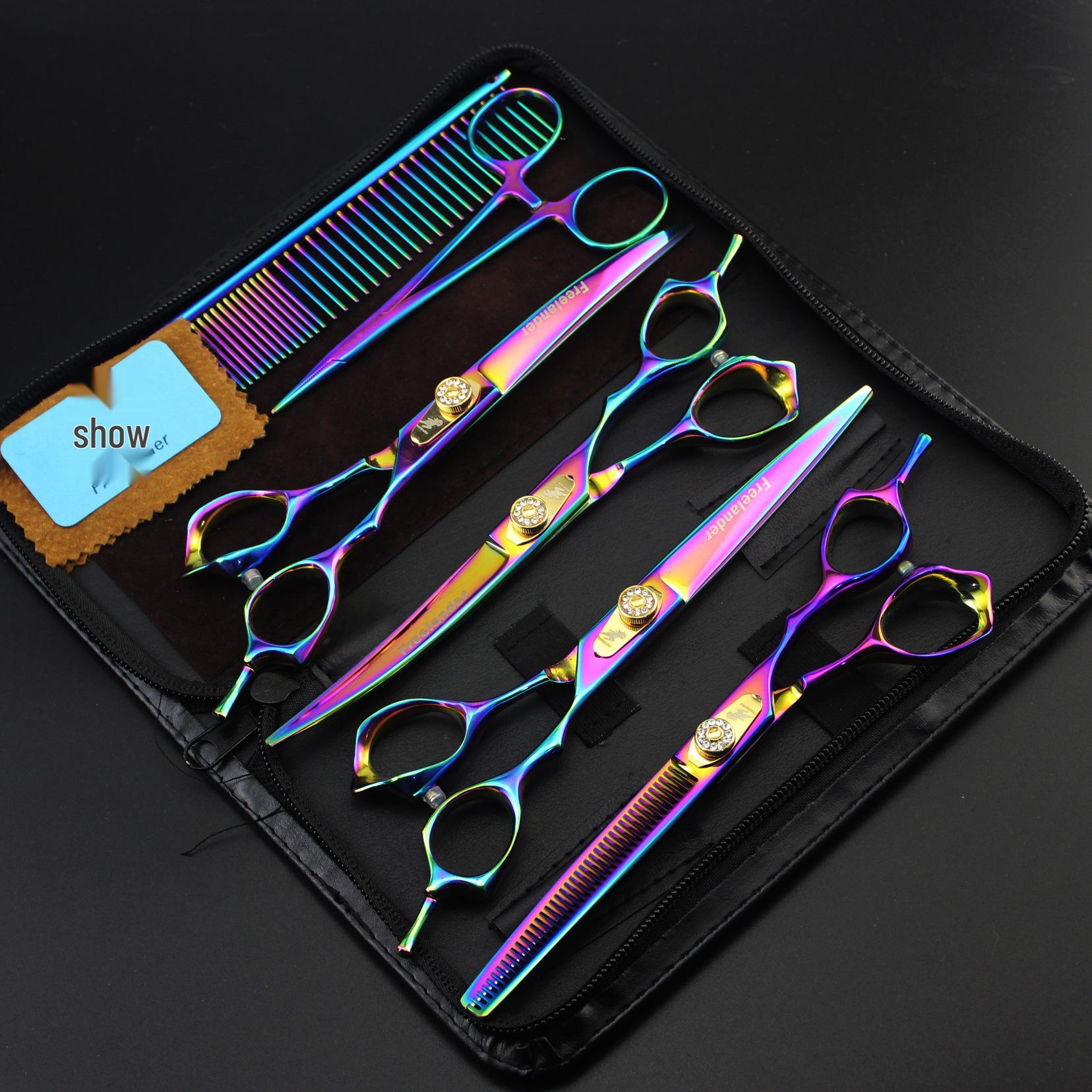 7-Inch 4-Piece Pet Grooming Scissors Set: Straight, Curved, Tooth Scissors & Comb 7.0 inch Colorful 4-piece Set (Fishbone Tooth)
