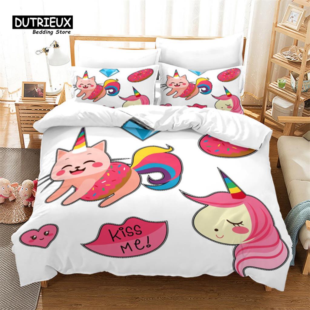Cute Cartoon Cat Duvet Cover Funny Cats Bedding Set Microfiber Animals Comforter Cover With Pillowcases Twin Full For Kids Teen