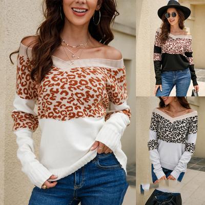 Autumn and Winter V-neck Leopard Print Stitching Plus Size Women's Sweater Knitwear Comfortable Women's Clothing