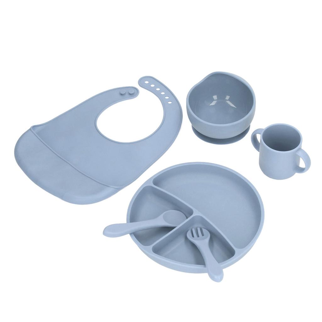 Baby Feeding Set Silicone Suction Divided Plate and Bowl with Spoon Fork Cup Adjustable Bib Set
