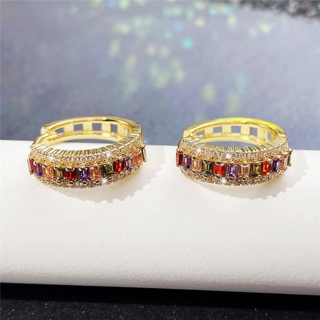 Rainbow Multicolored Stone Hoop Earrings Double Row Shiny Huggie Ear Rings for Women Party Daily Jewelry