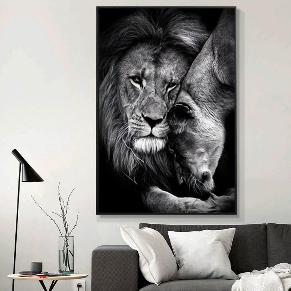 3pcs Modern Lion Family Canvas Wall Art Black and White Animal Poster Pints for Bedroom Decor Aesthetic Wall Art Home Decor