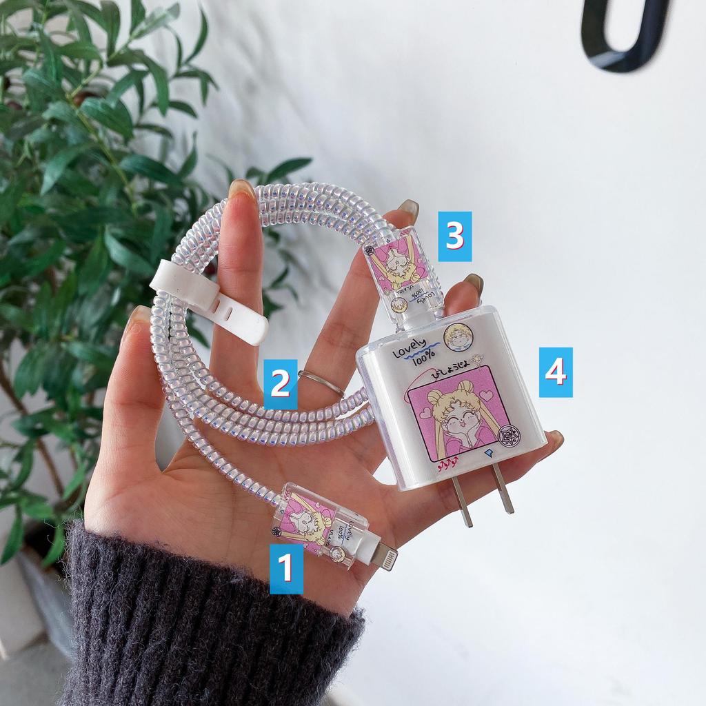 Apple Data Cable Protection Kit: 20W Charging Head, Transparent Cartoon Design, 4-Piece Set