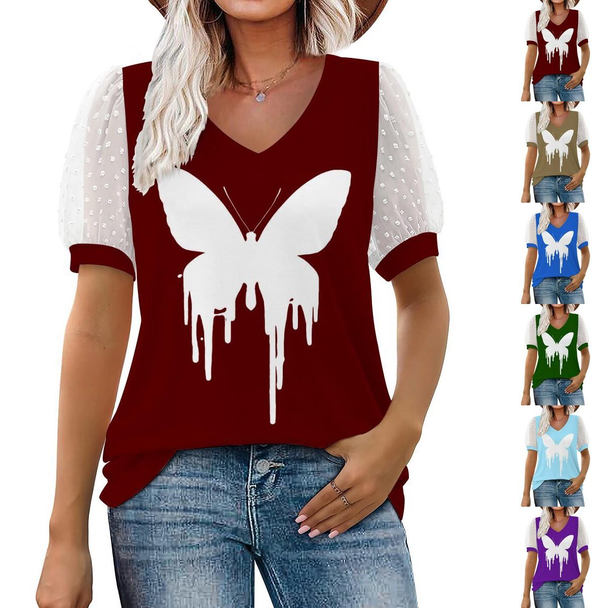 

Летняя новая модная женская повседневная футболка с v-образным вырезом и коротким рукавом с принтом больших размеров S-2XL