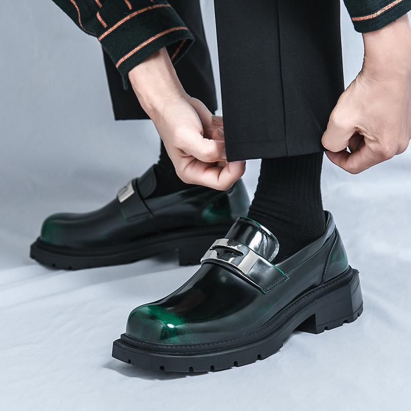 Fashion Spring New Green Thick Soled Loafers Metal Buckle Waterproof Platform Square Toe Business Casual Shoes Adult Men's Wedding Shoes