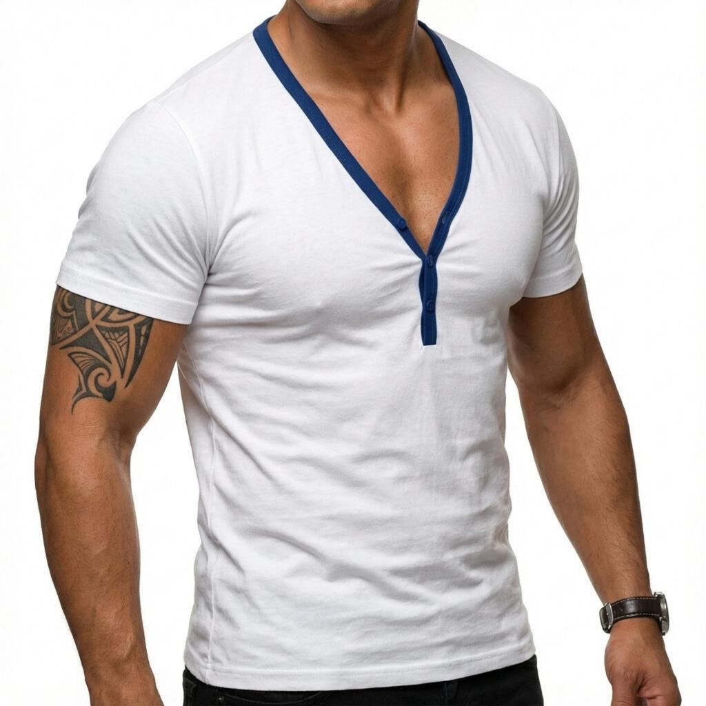Men's Casual Base Layer Sportswear, Men's Color-blocked Low-cut V-neck Short-sleeved T-shirt Top