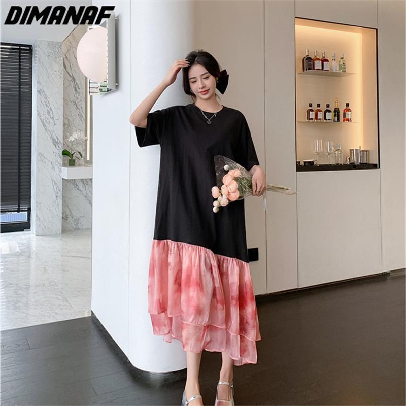 Dimanaf 2023 Plus Size Summer T-Shirt Dress Women Cotton Loose Dress Beach Mesh Female Dresses O-Neck Pink