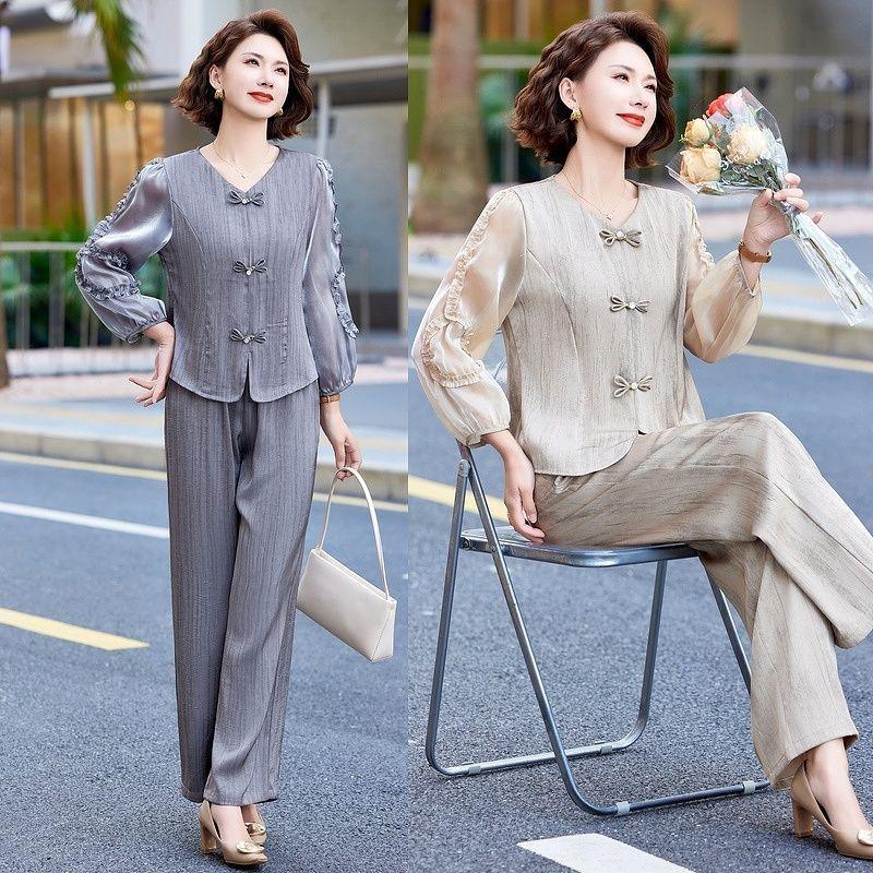 Elegantes zweiteiliges Set für Frühling und Herbst: Modisches Oberteil und Hemd im chinesischen Stil für Frauen mittleren und höheren Alters