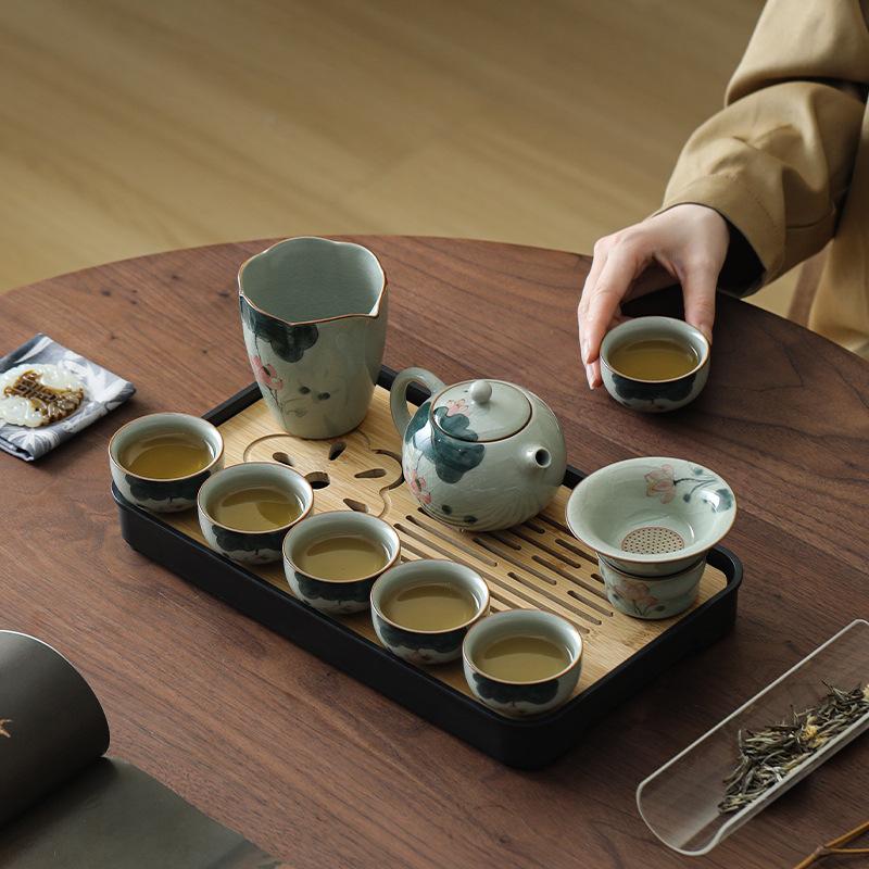 Ge Kiln Hand-Painted Kung Fu Tea Set, Household High-End Ceramic Teapot, Teacup Cover Bowl, Gift For Elders