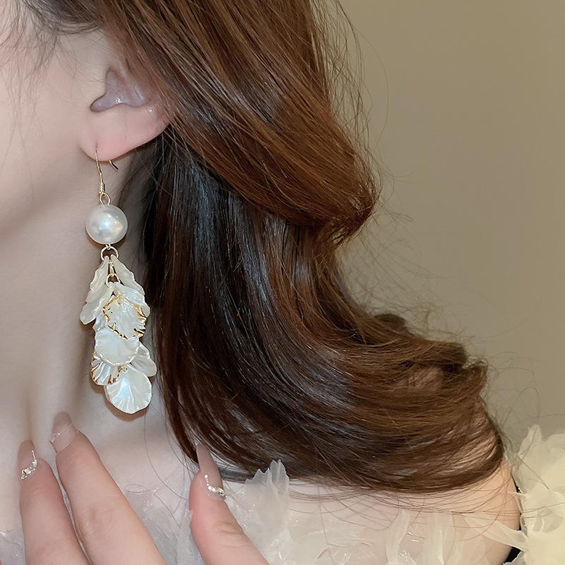 GemChic Women's Earrings Trendy Imitation Pearl Petal Tassel Ear Hook Elegant Long Earrings Birthday Christmas Jewelry Gift