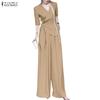 ZANZEA Womens Casual V-Neck Half Sleeve Wrap Tie Top and Loose Pants Two Piece Suit Sets