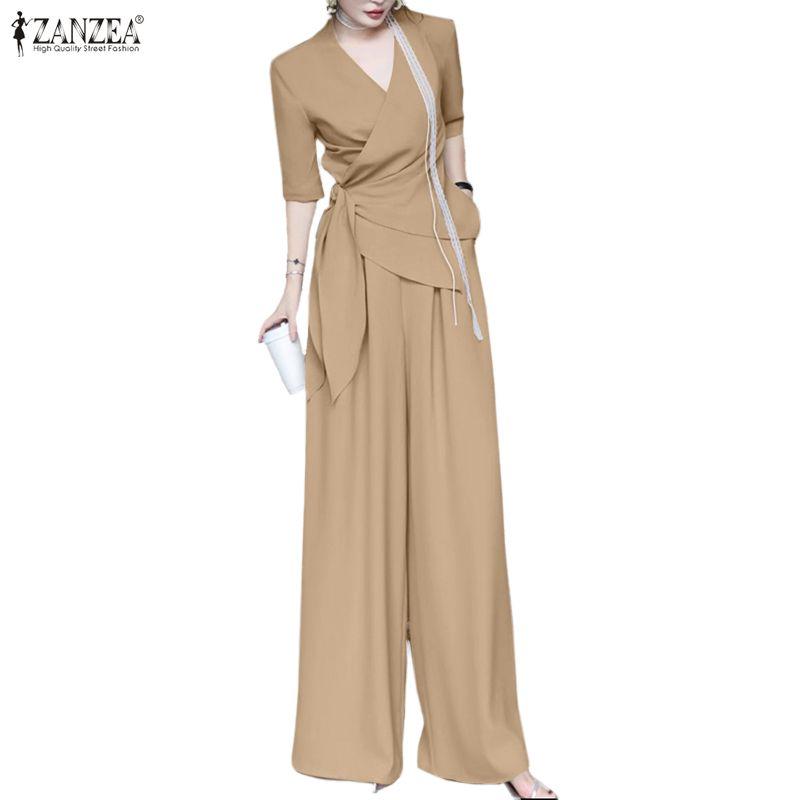 ZANZEA Womens Casual V-Neck Half Sleeve Wrap Tie Top and Loose Pants Two Piece Suit Sets