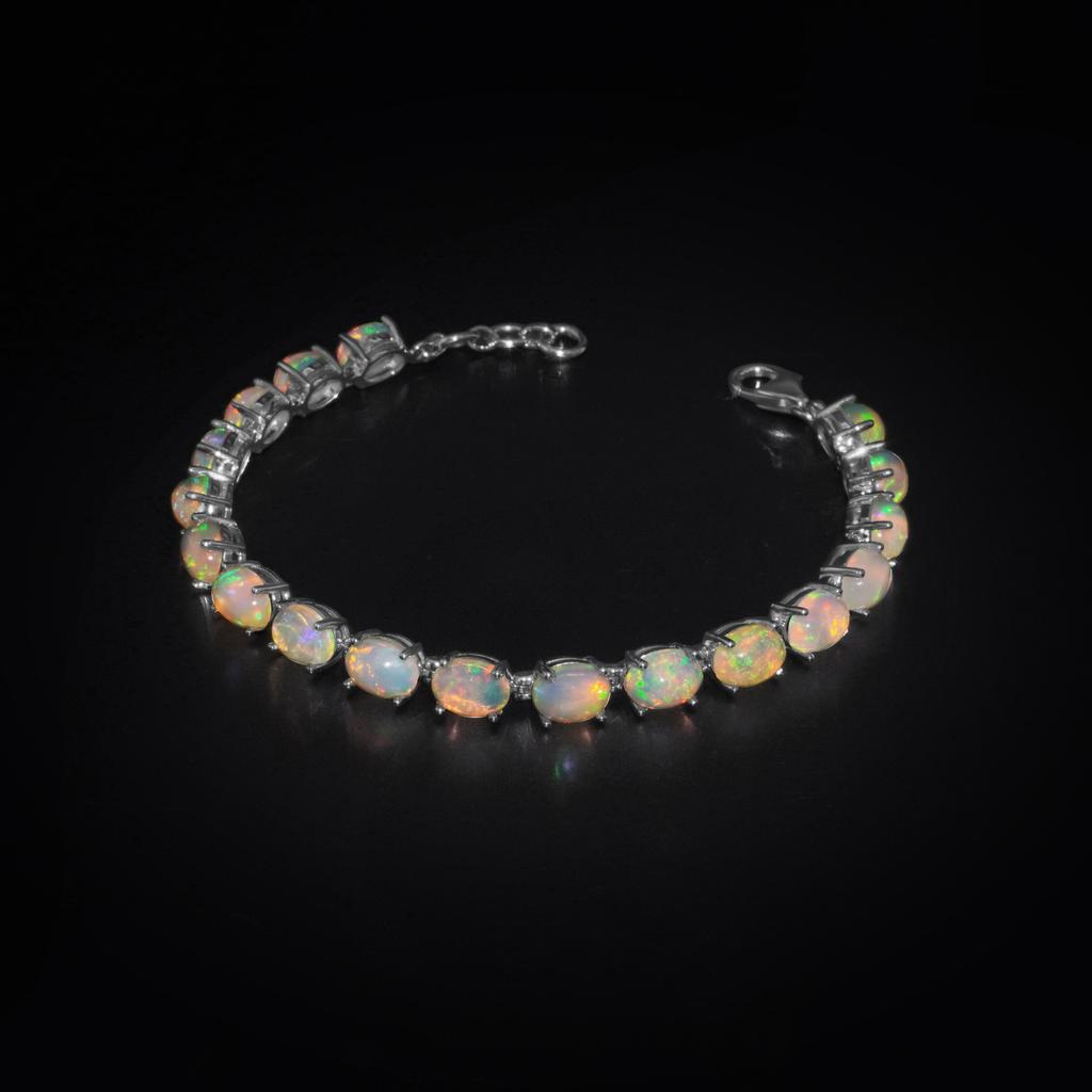 Sterling Silver Ethiopian Opal Tennis Bracelet - Genuine Fire Opal Rainbow Colors | 925 Silver Oval Stone Link Bracelet