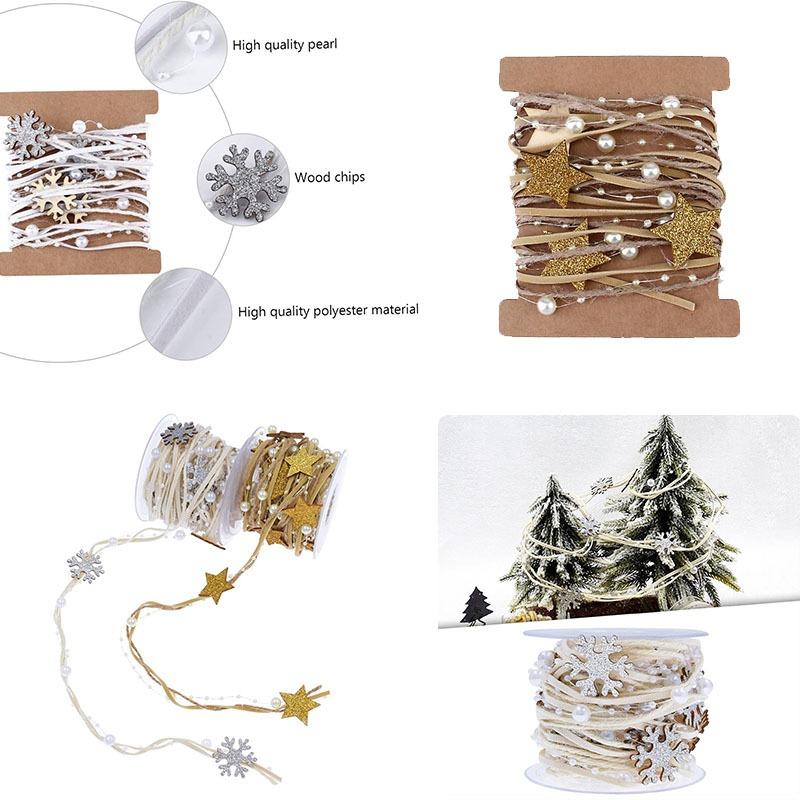 2/5m Pearl Bead Chain Christmas Ribbon with Snowflake and Star Decorations – Ideal for Christmas Tree Weddings and DIY Crafts