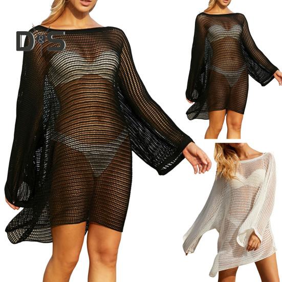 Women Cover Up Dress Batwing Long Sleeve See-through Hollow Mesh Bikini Cover Up Quick-Drying Breathable Beachwear