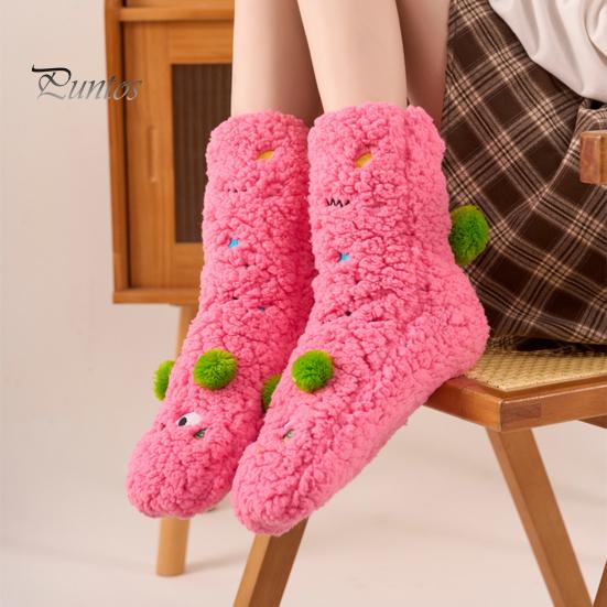 1 Pair Winter Floor Socks Cartoon Design Animal Embroidery Ultra Thick Fleece Keep Warm Mid-tube Non-slip Slipper Socks