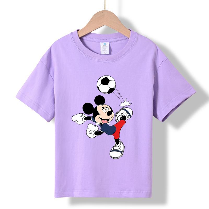 MC-97 MINISO 2026 Summer Mickey Mouse Soccer Kids 100% Cotton T-Shirt Boys Sports Cartoon Print Short Sleeve Top