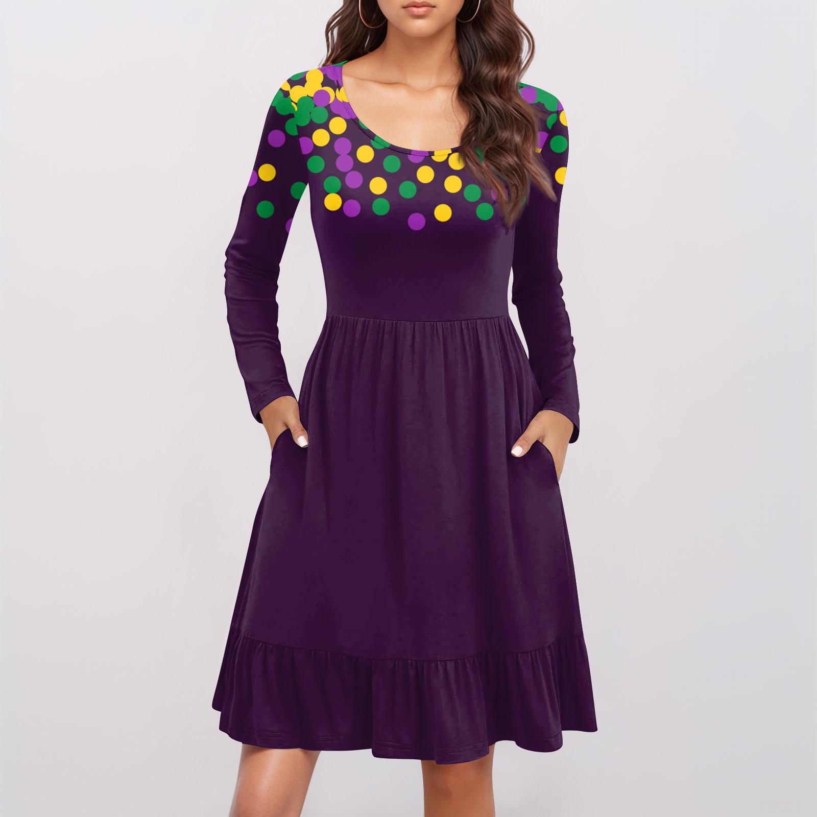 

Women s Casual Round Neck Long Sleeved Dress Carnival Print Loose Waist Pleated Dress L