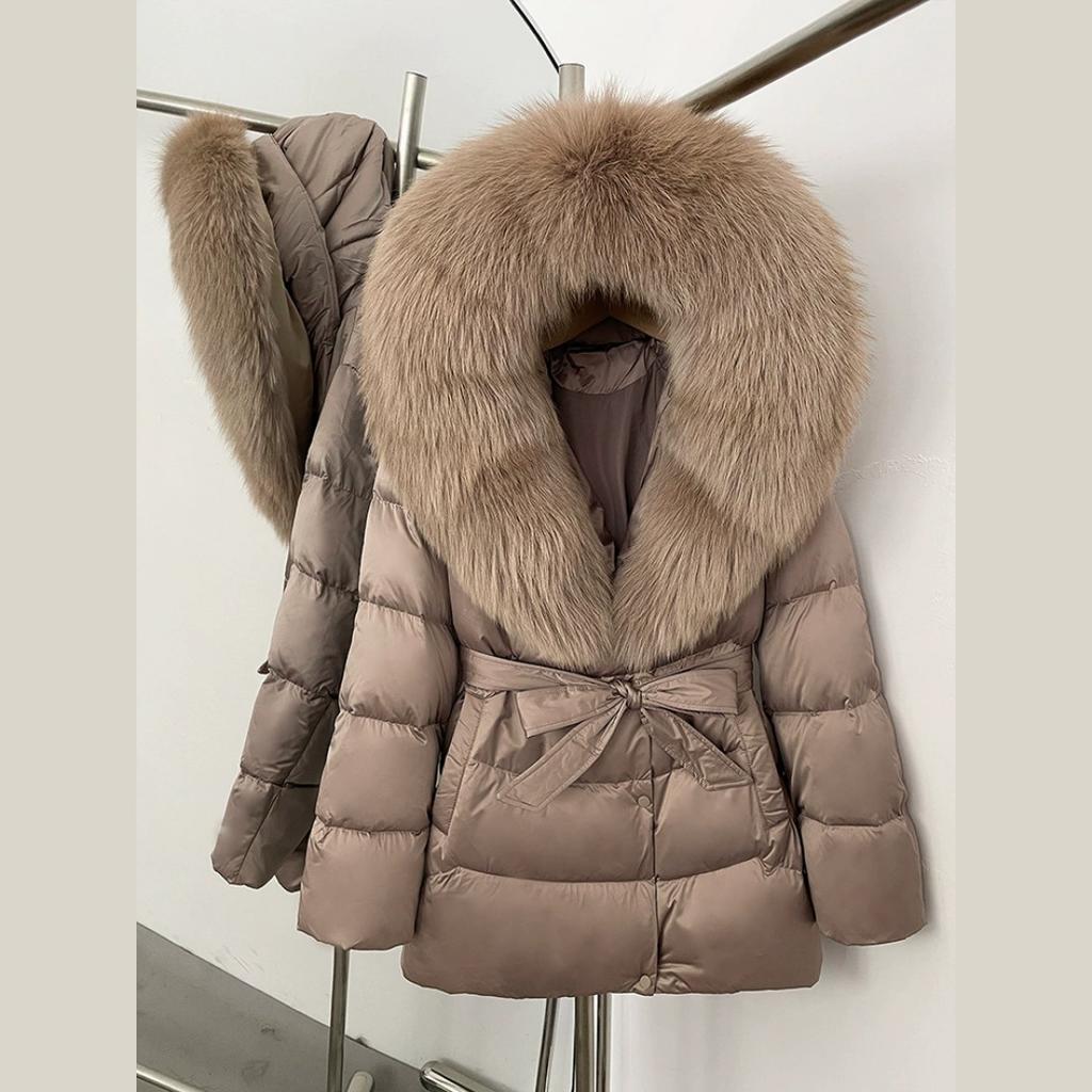 Winter Fox Big Fur Collar High-end Thickened Down Jacket Women's Mid-length Waist Imitation Leather Jacket
