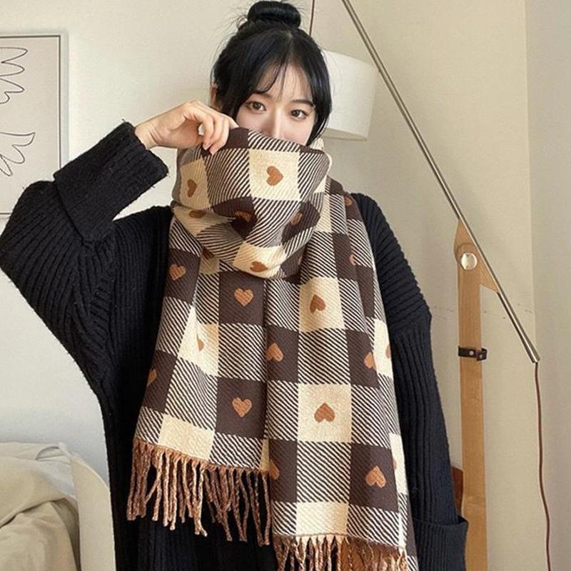 New Autumn And Winter Scarf For Women Knitted Heart-Shaped Plaid Cute Girls Winter Scarf College Fashion Casual Shawl Scarf