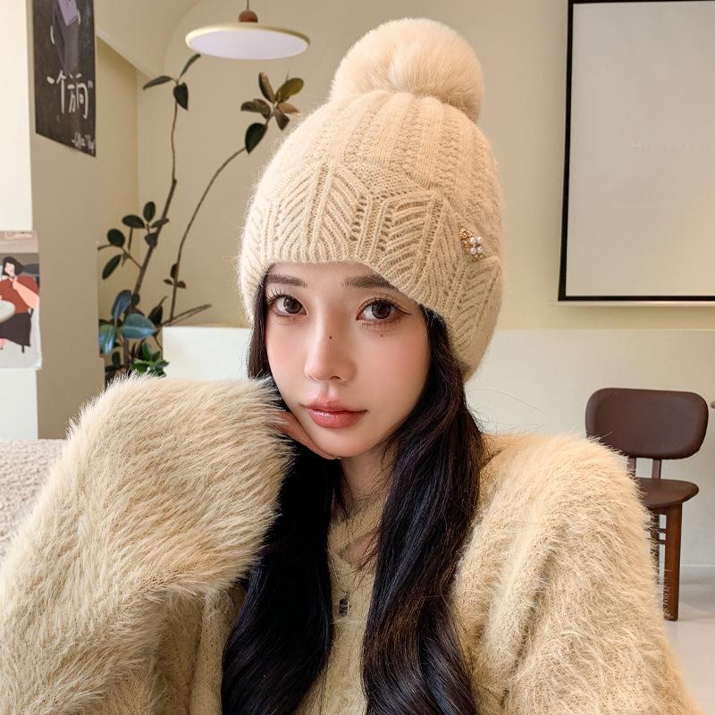 

Шапка женская Pearl Diamond Label вязаная шерстяная шапка зимняя теплая Hairball Ear Protector толстая