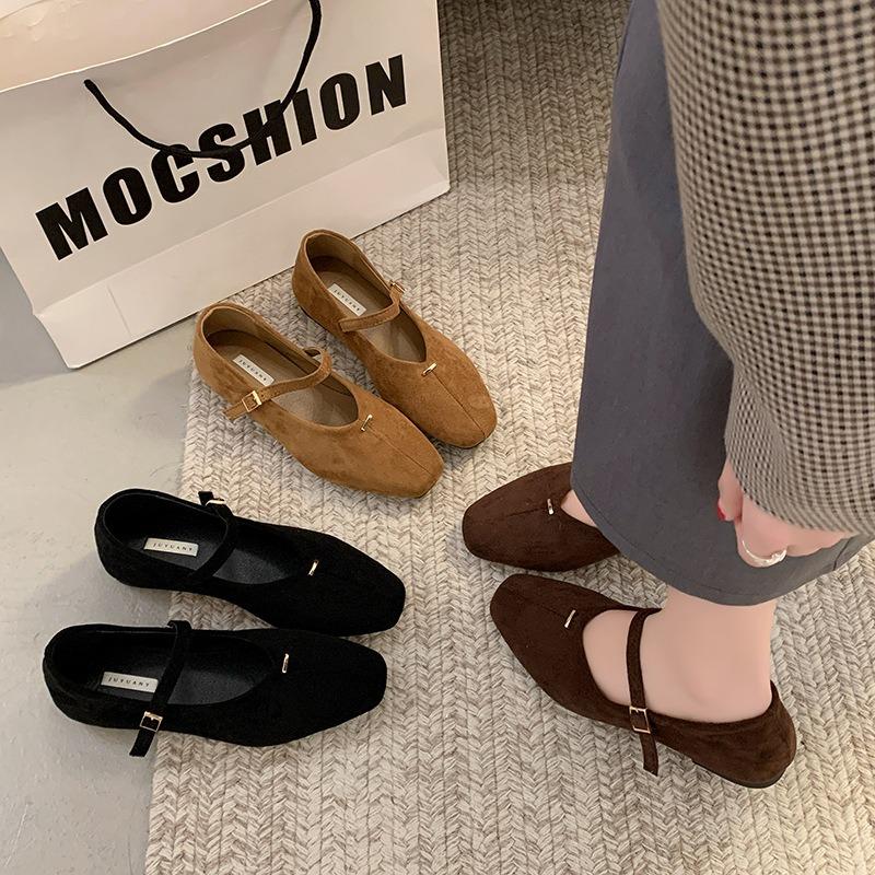Flat Bottom Suede Black Commuter Single Shoes Women's Shoes New Spring and Autumn Square Head Soft Sole Mary Jane Shoes