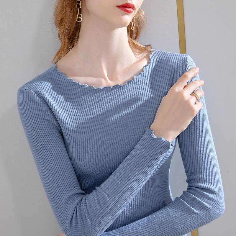 Pit strip bottoming shirt women's new women's clothing solid color round neck long-sleeved t-shirt age-reducing fungus edge waist top