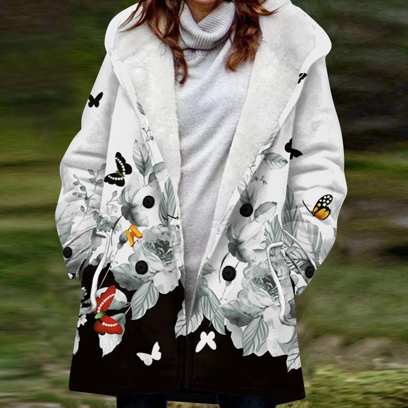 

Женская большая куртка с теплой и плюшевой курткой на пуговицах с капюшоном и карманами L