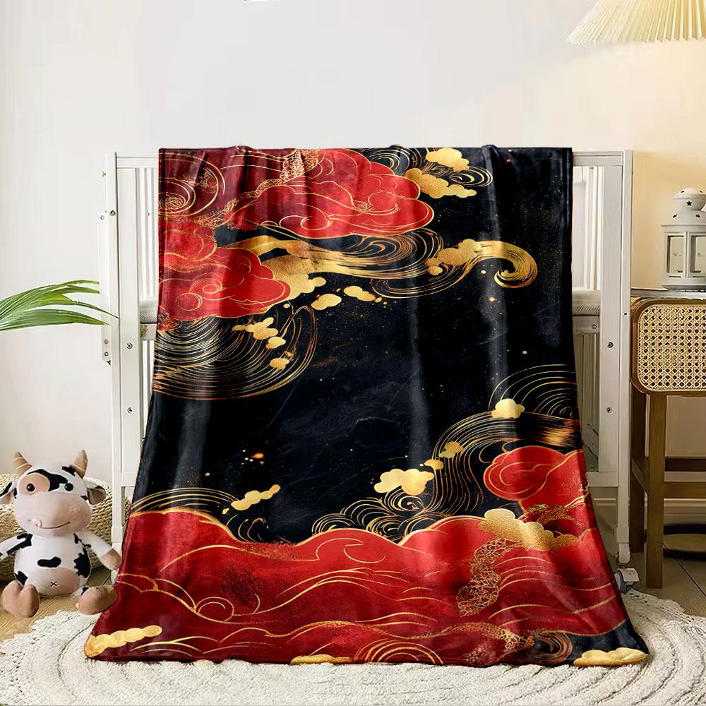 Flowing red and gold cloud-like swirls on a dark textured background. for all seasons blanket lunch break throw gift 80cm x 120cm