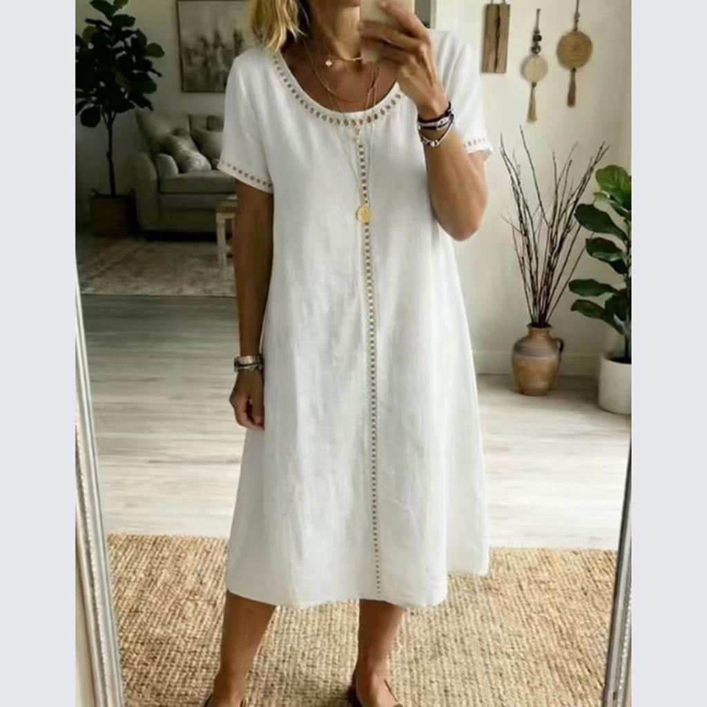 Fashionable Women's Round Neck Short Sleeved Lace Patchwork Cotton And Linen Dress