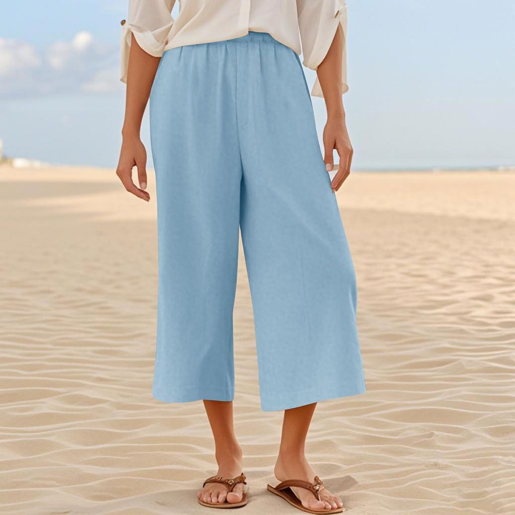 Women's Summer 3/4 Trousers Summer Trousers With Pockets Causal Loose Trousers Fabric Trousers Sport Leisure Beach Trousers
