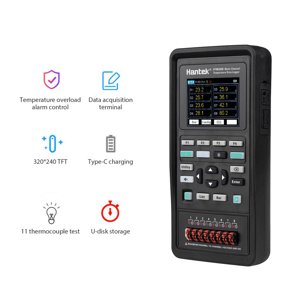 Hantek HTM208B 8-channel Temperature Data Logger Rechargeable Handheld Temperature-recording