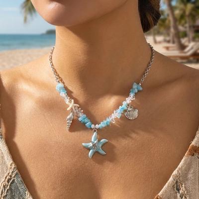 Summer Beach Vacation Necklace For Women Starfish Shell Pendant Irregular Stone Choker Neck Chain Hawaiian Holiday Party Jewelry