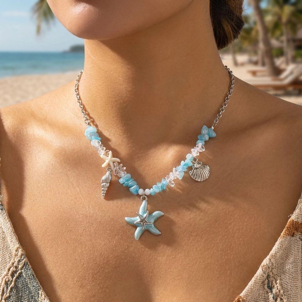 Summer Beach Vacation Necklace For Women Starfish Shell Pendant Irregular Stone Choker Neck Chain Hawaiian Holiday Party Jewelry