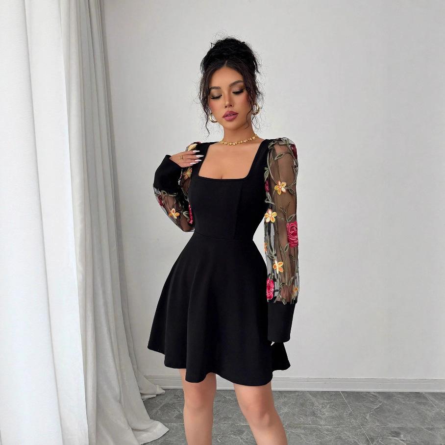 Spring Autumn Evening Party Festival Dresses Elegant Flower Embroidery Sexy Mini Prom Dress Women Mesh Splicing Sleeve Bodycon Dress