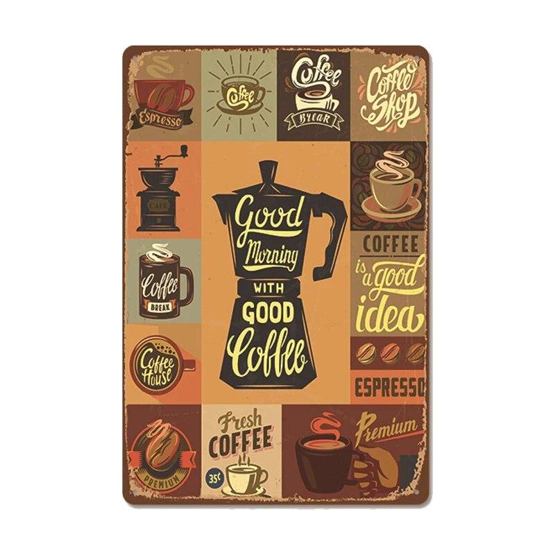 Vintage Fresh Coffee Plaque Metal Tin Sign Retro Drink Coffee Poster Wall Stickers for Cafe Shop Restaurant Home Room Decor