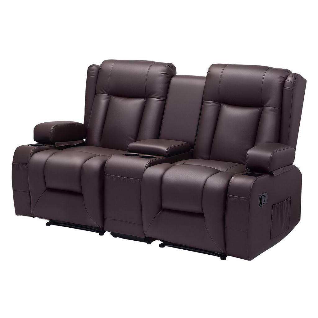 Loveseat Recliner Sofa, Manual Reclining Couch with Center Console, PU Faux Leather Recliner Sofa with USB Ports, Cup Holders and Storage Bags, Dual
