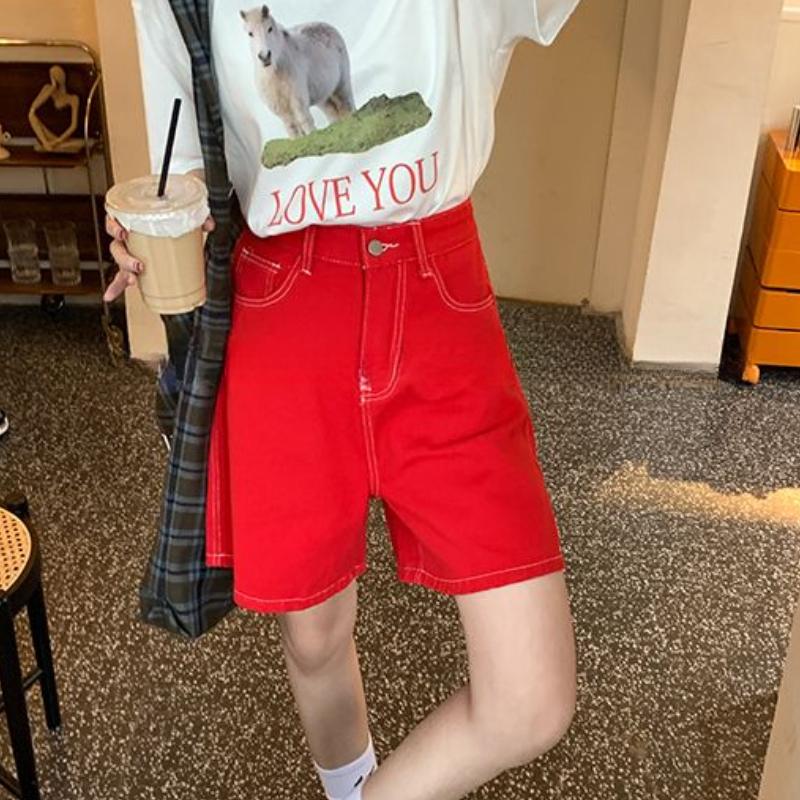 Amerykańskie Retro Czerwone Szorty Jeansowe dla Kobiet na Lato Luźne i Wszechstronne z Wysokim Stanem Wyszczuplające Proste Nogawki Długość Pięć Czwartych Modne