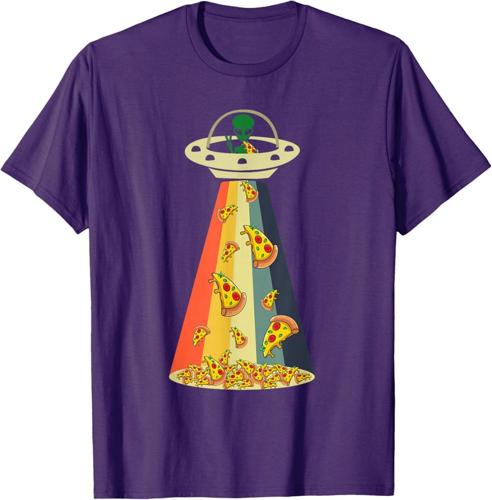 Pizza UFO Alien Abduction Graphic Retro Rainbow Light T-Shirt Funny Casual Cotton Tee