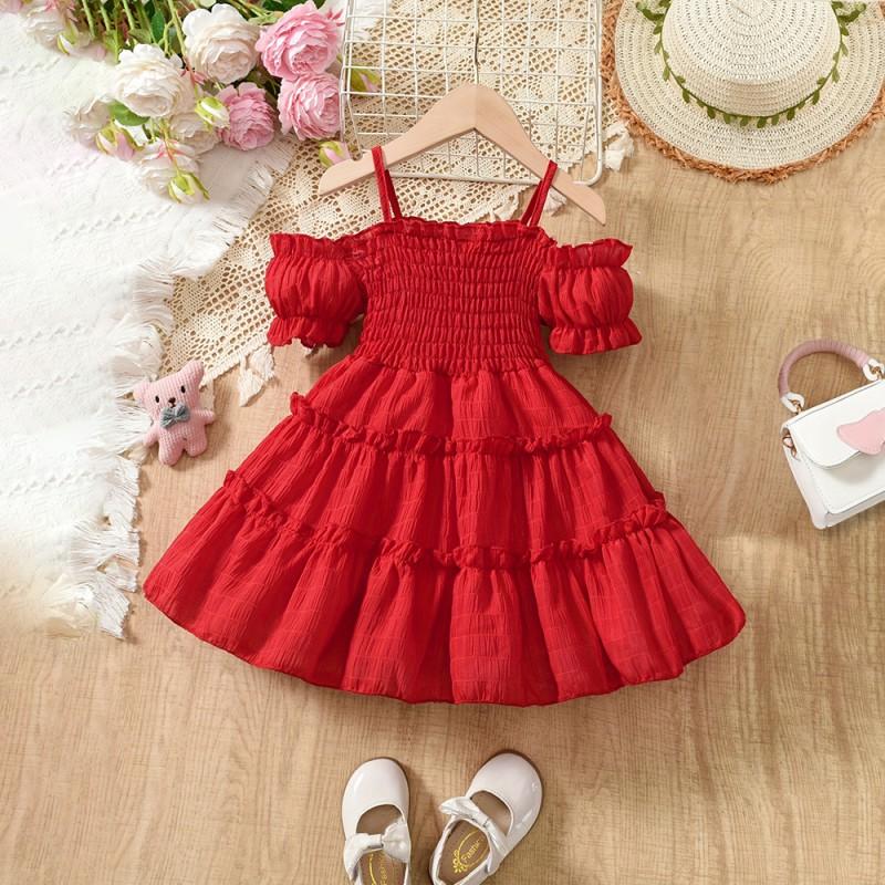 Baby Girls Princess Dress Short Sleeve Solid Color Cake Skirt 2-7 Years