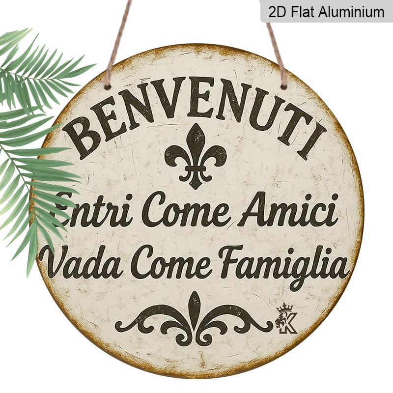 

2D Flat, 1pc Rustic BENVENUTI Welcome Sign-7.87 Round Aluminum Wall Decor with Italian Quote & Floral Design, Durable Indoor/Outdoor Home Entrance 1pc