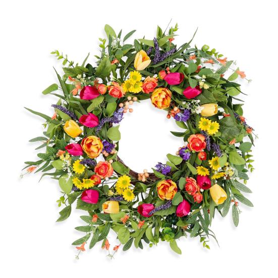 18" Tulip Wreath for Front Door Spring Summer Artificial Floral Garland with Eucalyptus Flowers for Indoor Outdoor Porch Window Wall Decor