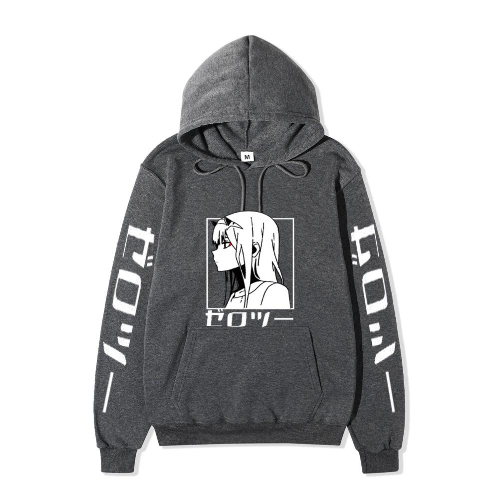 Zero Two Side Profile Anime Hoodie Japanese Letter Print Black Casual Long Sleeve Hooded Sweatshirt Pullover