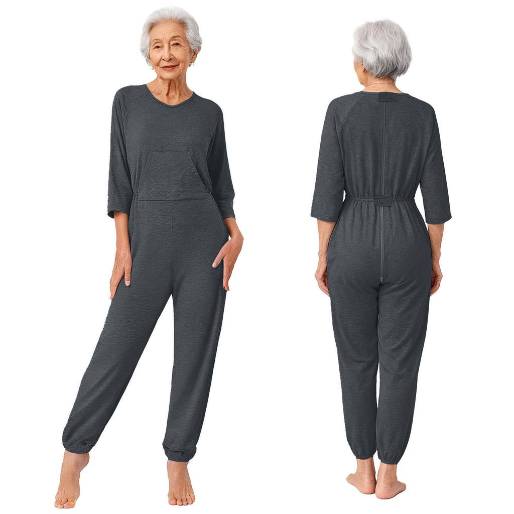 Dámský Jumpsuit pro Starší osoby Anti-Strip Adaptivní Dvojitý Zip na Zadních Nohách Dlouhý Rukáv Dlouhé Kalhoty Ošetřovatelský Kombinéza