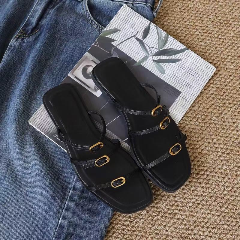 

Шлепанцы с квадратным носком и плоской подошвой женские летние новые для улицы с ремешком и пряжкой сандалии на один педаль для отдыха путешествий отпуска 41 чёрный