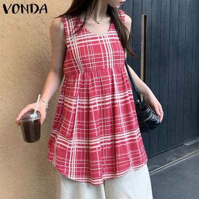 Summer Women Sleeveless Plaid Print Casual High Low Ruffled Tank Tops
